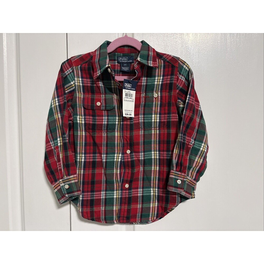 Polo Ralph Lauren Boys Red/Green Flannel Plaid Button-Down Shirt – Size 3T – NWT